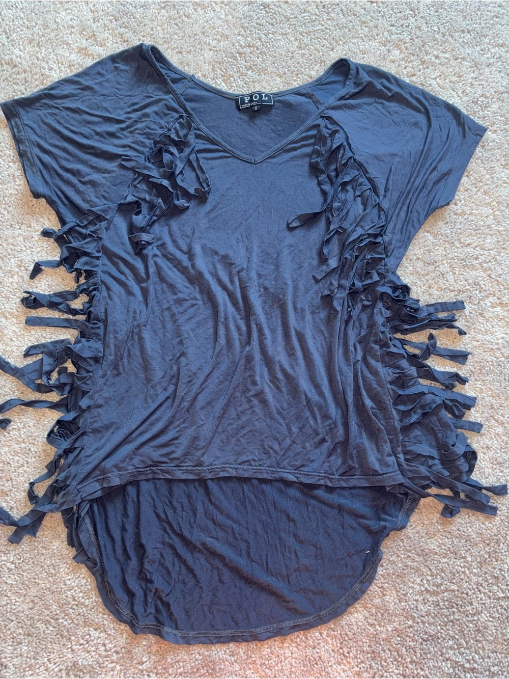 POL Clothing Slate Blue Raw Cut Side Fringe Hi-Low Tunic T-Shirt Boho Small